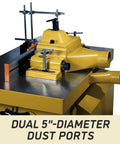 Close-up of dual 5"-diameter dust ports on Rock Solid Tilting Sliding Spindle Shaper With Dual Digital Readout And Precision Micrometer Fence, 7.5HP.