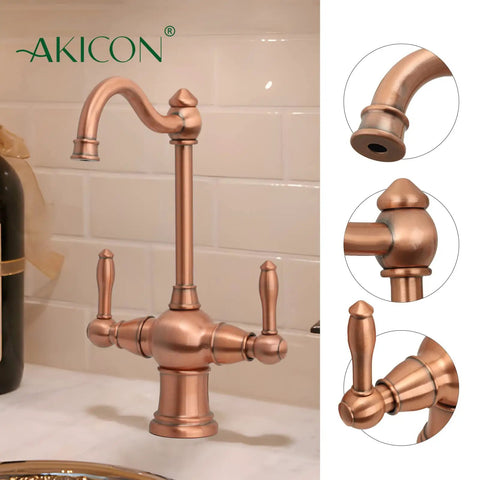 Two-Handle Copper Drinking Water Filter Faucet With Dual Lever Hot And Cold Water, Instant Hot Water Tank Dispenser, Brass