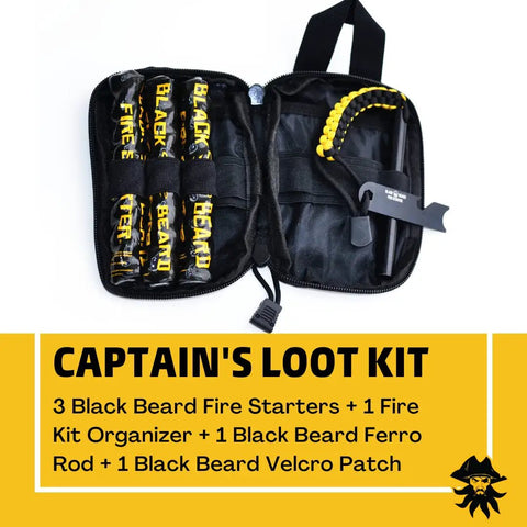 Open campfire fire starter kit with rope and ferro rod, includes organizer and Velcro patch, displayed on a yellow background.