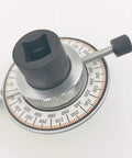 Torque Angle Meter For 1/2 Inch Drive Wrench With 14 Inch Flexible Clip Arm, 0 to 360 Degree Range, CR-V Steel, Easy Zeroing Angle Gauge Reaches Tight Spots For Auto Repair, Must-Have Pro Grade Tool close-up with 0-360 degree dial and tightening screw