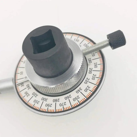 Torque Angle Meter For 1/2 Inch Drive Wrench With 14 Inch Flexible Clip Arm, 0 to 360 Degree Range, CR-V Steel, Easy Zeroing Angle Gauge Reaches Tight Spots For Auto Repair, Must-Have Pro Grade Tool close-up with 0-360 degree dial and tightening screw