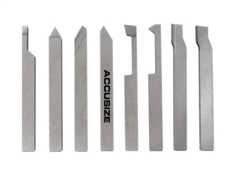Eight Piece One Quarter Inch HSS Tool Bit Set Pre Ground for Turning and Facing Work with 60 and 80 Degree Left and Right Hand Lathe Tools Designed for Metalworking Projects and Ready to Use Right Out of the Box With Universal One Quarter Inch Shank