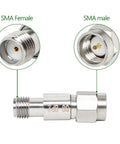 2 Pack SMA Male To SMA Female Coaxial RF Attenuator 3 dB shown with detailed close-up of male and female connectors.
