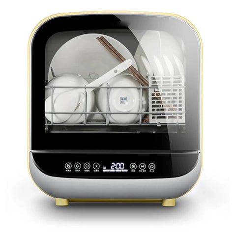 Portable Countertop Dishwasher Featuring No Fuss Quick Wash Cycles And Smart Energy Savers showing clean dishes and utensils in a steel tub.