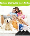 Family on couch with dog on rug, using 12 Pack Non Slip Rug Grippers For Hardwood Floors Tile Concrete And Marble Triangle Shape