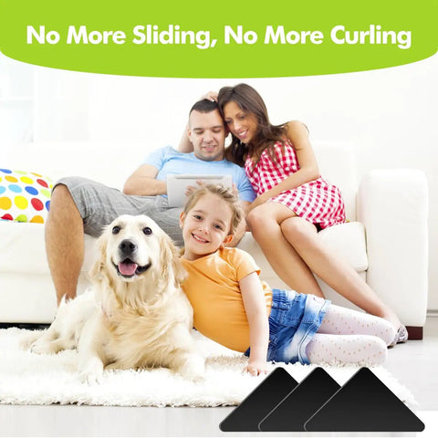 Family on couch with dog on rug, using 12 Pack Non Slip Rug Grippers For Hardwood Floors Tile Concrete And Marble Triangle Shape