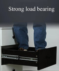 Top Shelf Heavy Duty Drawer Slides Silent Self Closing Cabinet Tracks with person standing on fully extended drawer.