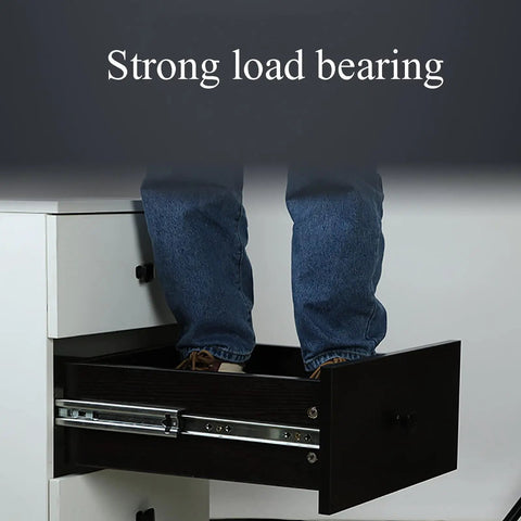 Top Shelf Heavy Duty Drawer Slides Silent Self Closing Cabinet Tracks with person standing on fully extended drawer.