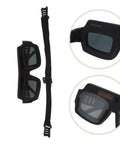 Solar Powered Auto Darkening Welding Glasses With Killer Panoramic View And Super Comfy Wraparound Fit displayed with adjustable strap.