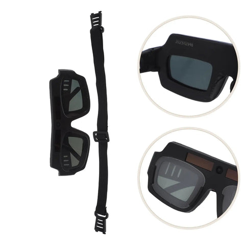 Solar Powered Auto Darkening Welding Glasses With Killer Panoramic View And Super Comfy Wraparound Fit displayed with adjustable strap.