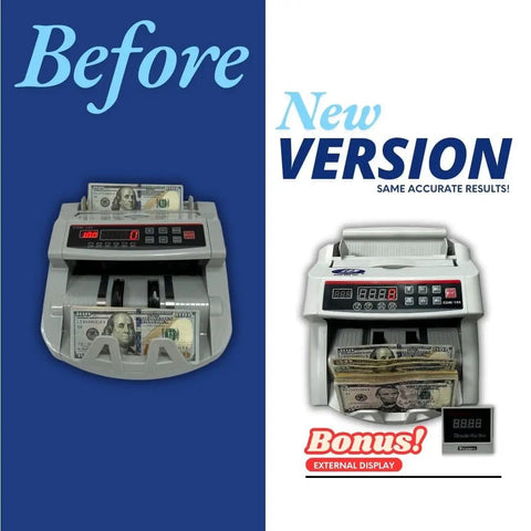 Side-by-side view of old and new advanced money counter machine with UV, MG, DD, DBL, HLF, CHN counterfeit detection.