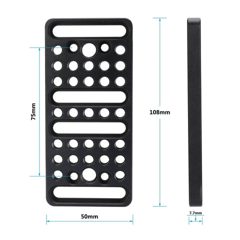 Super Solid Anodized Aluminum Cheese Plate Mounting Platform Providing Hella Versatile Quarter Inch And Three Eighth Screw Threads For Sweet Vesa Camera Video Rig Setups, showing dimensions and multiple screw holes.