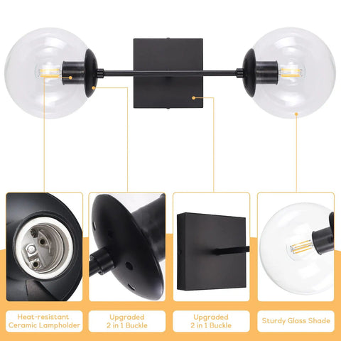 Black Double Wall Sconce Vanity Light With Two White Glass Globes Mid Century Modern Globe Lighting For Bathrooms