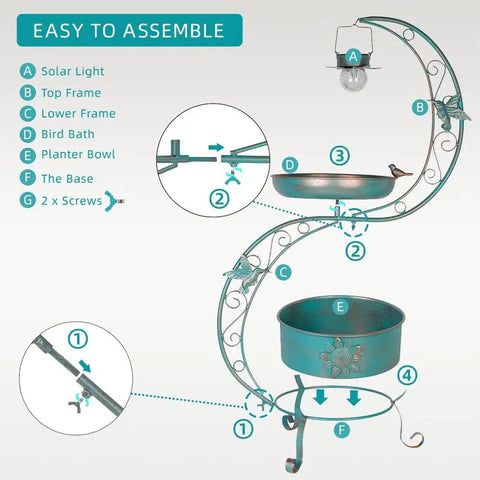 Assembly diagram for Bird Bath With Flower Planter Base And Solar Lighting Pedestal For Outdoors, 36 Inch Outdoor Bird Bath