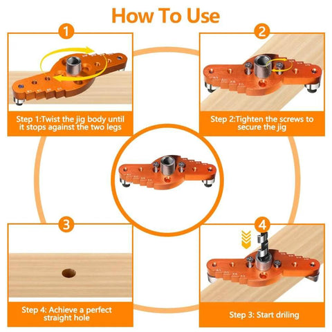 Diagram showing how to use the Self Centering Doweling Jig Kit With Drill Guide And Stop Collar Includes Four Drill Sleeves.