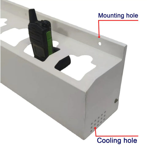 Wall Mount Walkie Talkie Holder With Heavy Duty Boss Grade Design And Number Labels Universal Two Way Radio Organizer featuring mounting and cooling holes.