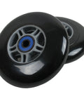 Replacement 100mm Scooter Wheels With ABEC 7 Bearings And Handlebar Grips 24mm Wide Black On Black For A High Performance High Rebound Ride That Feels Like New Fits Most Scooters, close-up of black wheel set with blue centers.