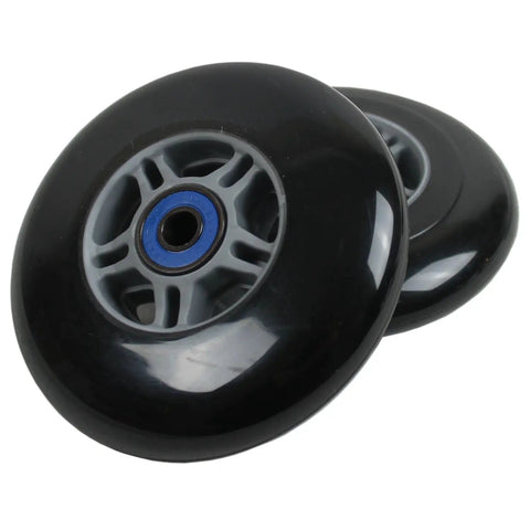 Replacement 100mm Scooter Wheels With ABEC 7 Bearings And Handlebar Grips 24mm Wide Black On Black For A High Performance High Rebound Ride That Feels Like New Fits Most Scooters, close-up of black wheel set with blue centers.