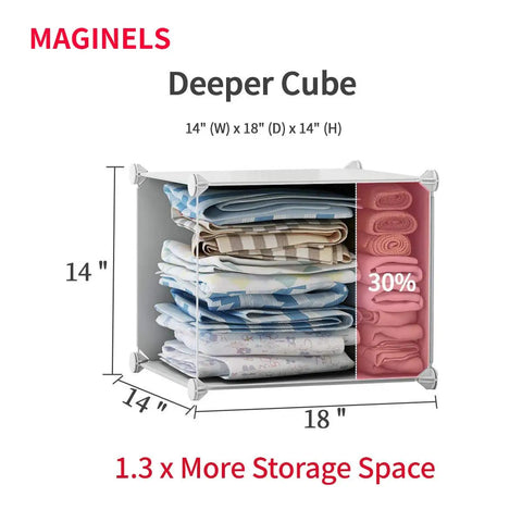 Diagram of Massive 42 Inch Wide Cube Storage Organizer With Doors showing 14x18x14 inch cube with 30% extra space.