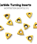 10-piece 20 Pack TiN Coated Carbide Turning Inserts WCMT06T304 WCMT32.51 for CNC lathe replacement, scattered on white background.