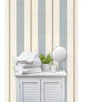 Fresh Printed Modern Striped Vinyl Wallcovering Featuring Subtle Leather Texture Ultra Durable Pastable Wallcover in a bathroom setting.