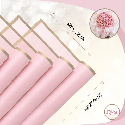 Pink Gold Edge Flower Wrapping Paper Set With 20 Sheets 22.8 x 22.8 inches waterproof floral wrap for bouquets DIY packaging.