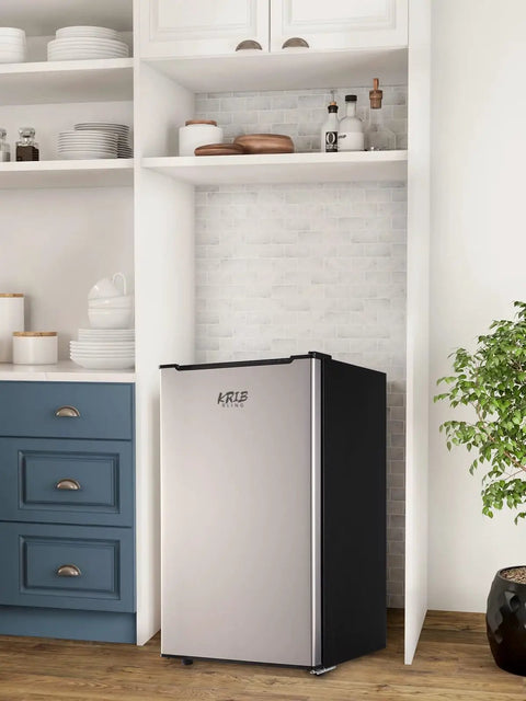 Solid 3.2 Cu Ft Upright Mini Freezer With No Stress Adjustable Thermostat And Removable Shelves For Dorm Office Kitchen Or Bedroom Smooth Chill Stash Setup In Fresh Silver in modern kitchen setting.