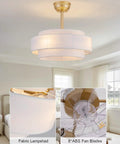 XINGSIYUELYX Gold Ceiling Fan with fabric lampshade and 8 ABS fan blades, elegant design for indoor use.