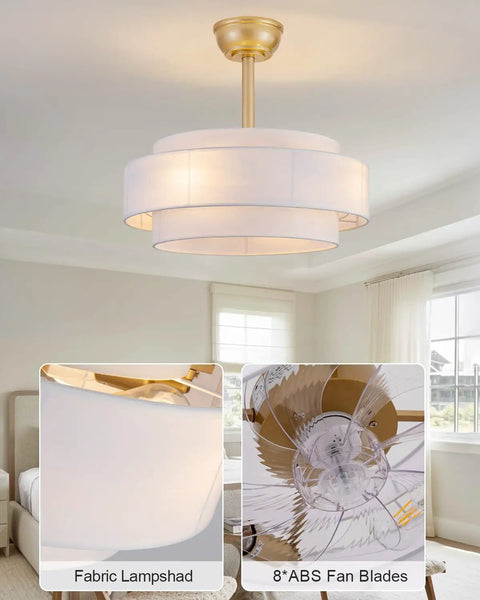 XINGSIYUELYX Gold Ceiling Fan with fabric lampshade and 8 ABS fan blades, elegant design for indoor use.