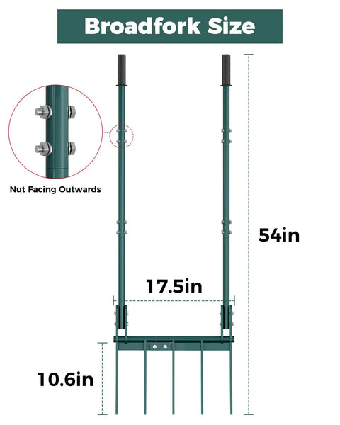 Diagram of Beefy Heavy Duty Broadfork Garden Tool With Five Tines 54 Inch Long Manual Soil Tiller dimensions and design details