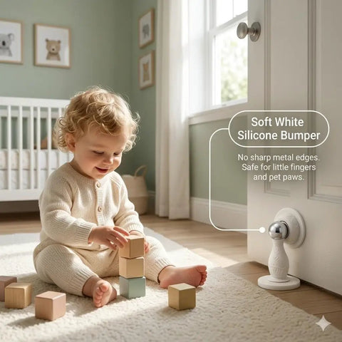Child playing with wooden blocks near Heavy Duty Magnetic Door Stopper 2 Pack With Peel And Stick Adhesive Silicone Wall Protector No Drill Floor Catch For Renters And Home Office White Pro Move Design.