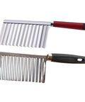 Two-piece set of stainless steel wavy potato cutters with ergonomic black and red handles
