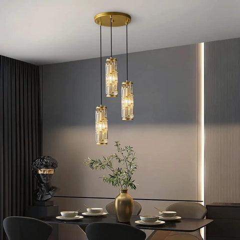Gold 3 Light Modern Pendant Light Fixtures With Glam Crystal Chandeliers Adjustable Hanging Pendant Lights in dining room