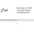 Size chart of leather draw reins for horses with 90 inch long length 6 to 8 inch wide leather and web training reins with snap hardware.