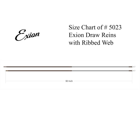 Size chart of leather draw reins for horses with 90 inch long length 6 to 8 inch wide leather and web training reins with snap hardware.