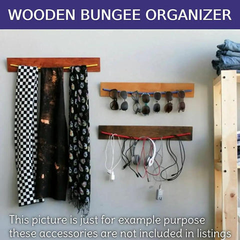 Wooden bungee organizer for hanging cords, sunglasses, and scarves in living space. Accessories not included.