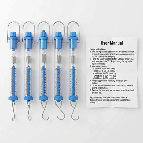 Tubular Spring Scale Set With 1N To 30N Range Dual Newton And Gram Readouts For Your Go To Physics Lab And Classroom Use Includes 1N 5N 10N 20N And 30N Scales Easy Zero Adjustment With Top Nut displayed with user manual