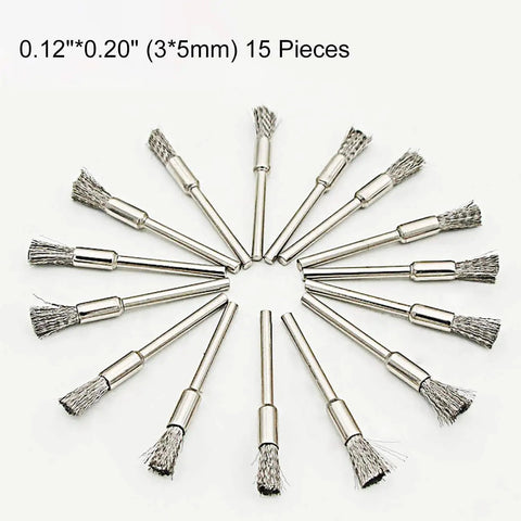 15 pieces of 0.12"x0.20" stainless steel wire brushes for rust removal using drill and rotary tools.
