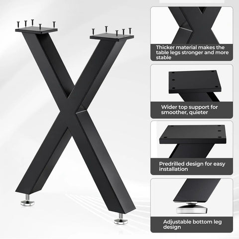 Beefy Heavy Duty Black X Shape Coffee Table Legs 16H X 11.7W, Metal Bench Style Base, adjustable feet, shown in detail