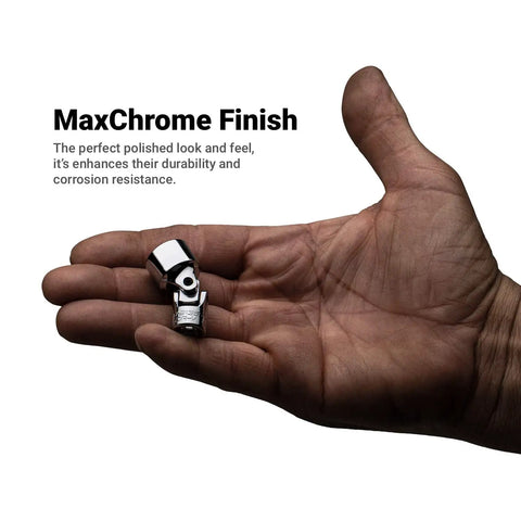8 mm Universal Socket For 1 Quarter Inch Drive, 6 Point Metric, shown in hand, made from chrome vanadium steel with MaxChrome finish