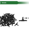 Drip Irrigation Barbed Tee Connectors For Seven Thirty Second Inch Tubing Easy Install No Sweat Durable Plastic No Leak Fit For Flower Pots Gardens Lawns Greenhouses And Outdoor Watering 50 Pack, pile and single piece displayed.