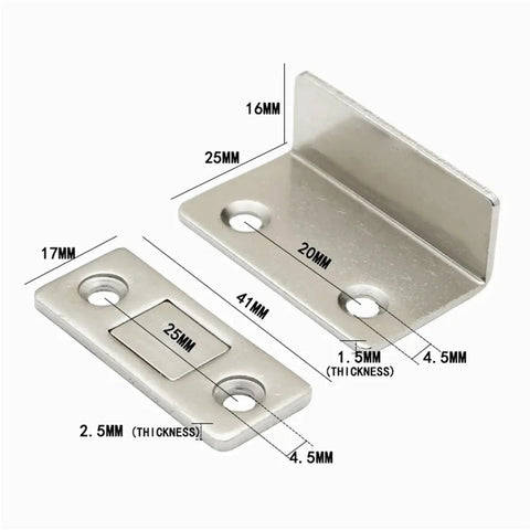 Strong Magnetic Cabinet Catches Set with Punch Free L Shaped Hidden Door Closers showing dimensions and metal components