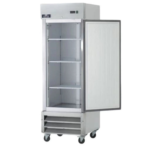 Heavy Duty Commercial Reach In Freezer Rock Solid Stainless Steel Kitchen Workhorse With Electronic Thermostat Led Display And Self Closing Door 23 Cu Ft Nsf Certified Cold Storage Unit, open with shelves and led display.