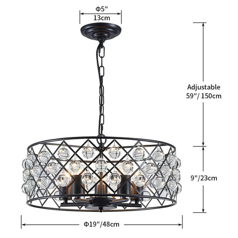 Five Light Drum Crystal Chandelier With K9 Crystals In Rustic Retro Style Ceiling Pendant for kitchen island, showing dimensions.