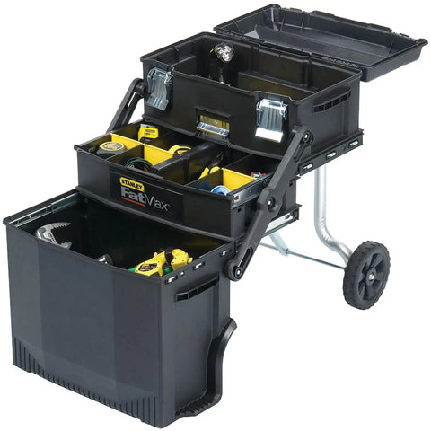 FatMax 4 In 1 Mobile Work Station With Tiered Cantilever Storage System Rolling Tool Cart with open compartments