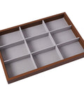 Dope Wooden Velvet Jewelry Organizer Tray With Nine Grid Compartments Stackable Ring Earring Necklace Valet Dish in walnut finish.