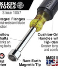 Magnetic Nut Driver Set Pro Grade With Long Hollow Shaft For Long Bolt Jobs 7 Piece Cushioned Grip Handles Made In USA Rare Earth Magnetic Tips Sizes From Three Sixteenths To One Half Inch with cushion-grip handle and tip
