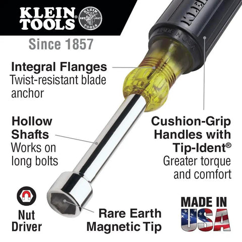 Close-up of Magnetic Stubby Nut Driver Set 1/4 Inch And 5/16 Inch with hollow shaft and Rare Earth Magnetic Tip, USA Made