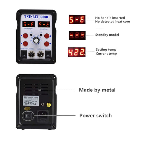 2 In 1 SMD Hot Air Rework Station With Soldering Iron Digital LED Temperature Display front and back view
