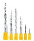 Front view of seven tungsten carbide conical ball end milling cutters with yellow bases in varying sizes.